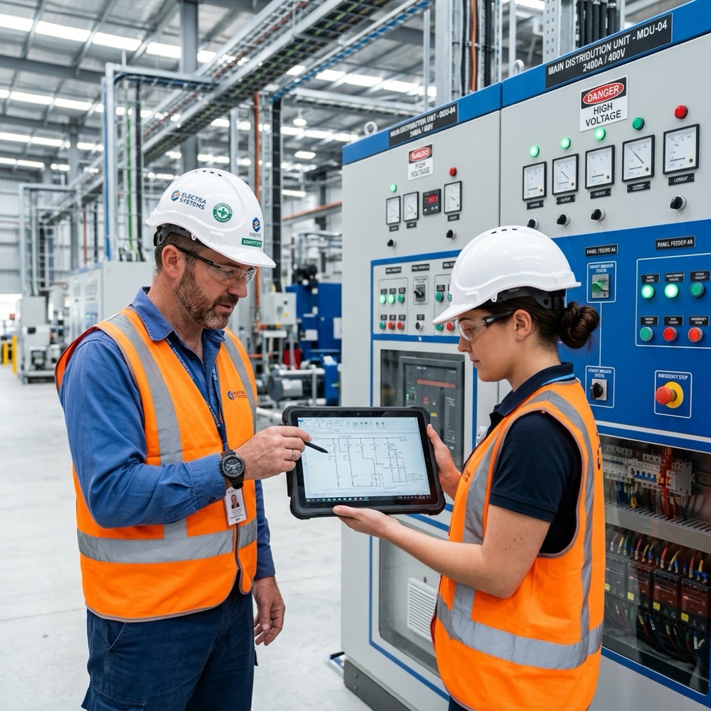 Equipo de ingenieros eléctricos en campo